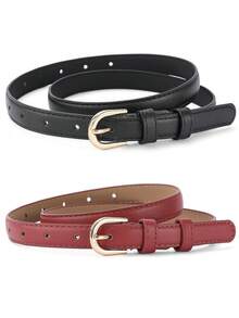 2pcs Casual Versatile Minimalist Buckle Belts - Black + Burgundy - View 4