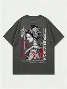 日系暗黑美學印花夏季男款黑色圓領短袖T恤 - 深灰色 - 查看 6