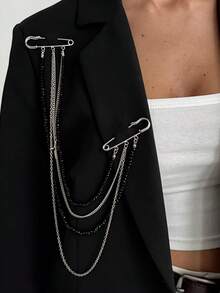 1pc Punk Hip Hop Long Chain Tassel Brooch, Fashion Shiny Star Double Pin Suit Pendant - Multicolor - View 1