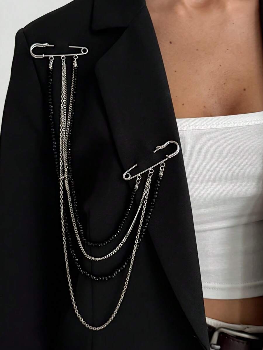 1pc Punk Hip Hop Long Chain Tassel Brooch, Fashion Shiny Star Double Pin Suit Pendant - Multicolor - View 1