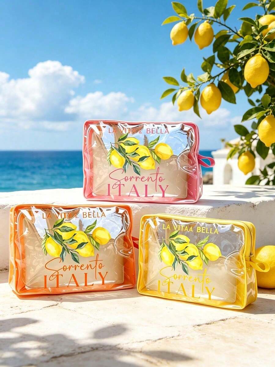 Borsa da trucco in PVC trasparente con stampa di limoni di Sorrento, (La ) Borsa da toilette impermeabile, Borsa portaoggetti cosmetica portatile con bordo arancione, Borsa da toilette da viaggio trasparente di grande capacità, Essenziale per vacanze estive al mare, Borsa portaoggetti leggera con cerniera, Adatta per uso quotidiano, dormitorio, viaggi di lavoro e attività all'aperto, Regalo ideale per le donne, Adatta anche come regalo per San Valentino, Festa della Mamma e Festa degli Insegnanti. - Multicolore - Visualizzare 1