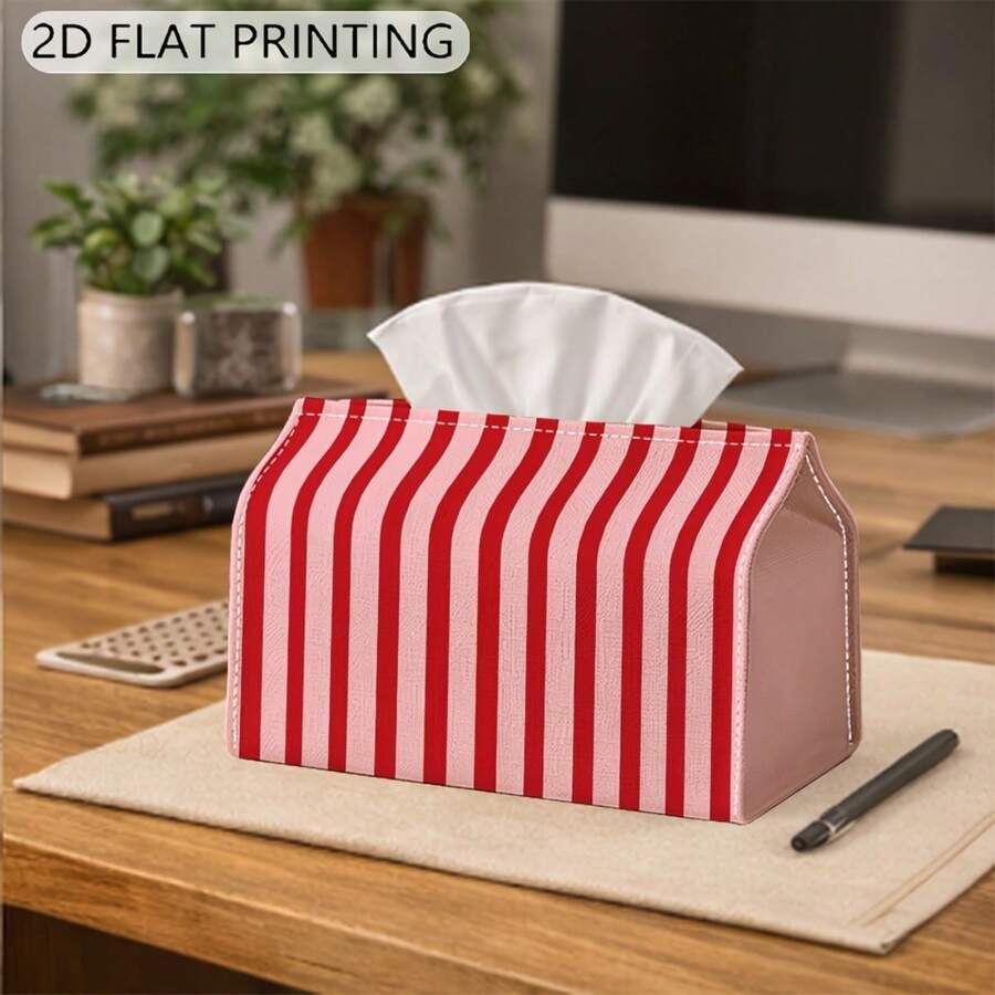 1pc Pink Vertical Striped Print Fabric Tissue Box, Rectangular Desktop Tissue Holder, Living Room Bedroom Office Desk RV Car Universal Storage Box, Hotel Vanity Decor Ornament, Holiday Gift Highly Attractive Home Soft Decor Tissue Storage Box - Multicolor - View 1