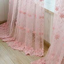 1件裝 穿桿式田園風刺繡透視窗簾，精緻碎花圖案，牛奶絲面料，適用於客廳、廚房、浴室 - 粉色 - 查看 4