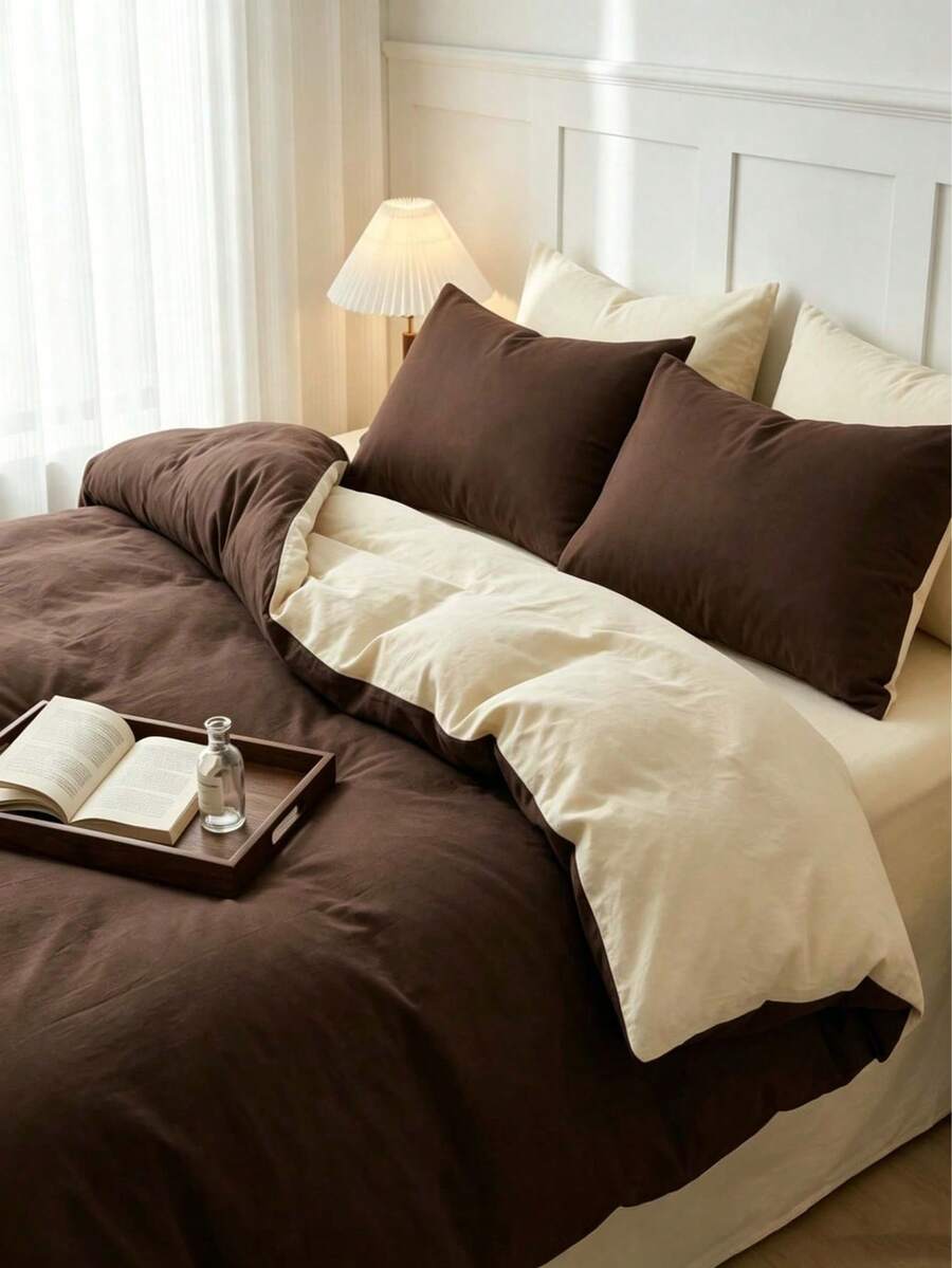 Blue And White Color Block Washed All Skin-Friendly Duvet Cover 3 Pieces Set - Coffee Brown - View 1