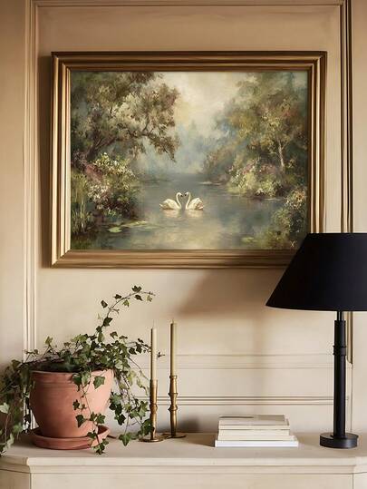 1pc Vintage Swan Lake Art Print, Romantic Landscape Painting, River Oil Painting With Ducks, Ideal Gift,Suitable For Bedroom,Living Room,Kitchen,Wall Arts,Wall Decor,Home Decor,Room Decor,Canvas Wall Art,Posters, Wall Art With Frame, Optional Frame