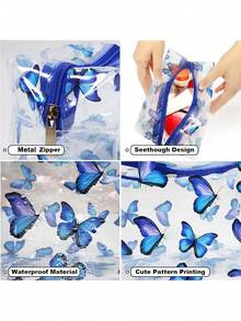 1pc Cute Crystal Clear Cosmetic Bags, Travel Toiletry Clear Makeup Bags, Portable Makeup Brushes Kit Storage Bag, Waterproof Cartoon Organization For Women Girls (Butterfly) - Blue - View 7
