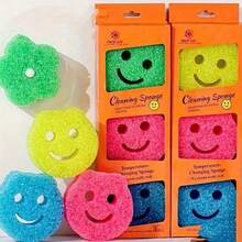 4pcs Multi-Color Smiling Face Sponges With Color-Coded Surface (Pink, Yellow, Green, Blue) And Hanging Hole, Versatile Household Cleaning Cloth For Daily Cleaning Needs (Random Color) - Cleaning Sponge - View 3