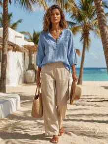 Women's Embroidered Loose Boho Vintage Mid-Sleeve Blouse, Spring/Summer - Blue - View 3