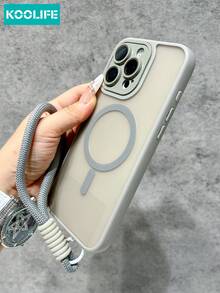 KOOLIFE 1pc Light Khaki Magnetic Phone Case With Wrist Strap, Matte Finish & Textured Camera Ring, PC+TPU Shockproof Protective Shell, Supports Magnetic Wireless Charging, Casual Style Back Cover, Compatible With Apple 17/17pro/17promax/17Air/16/15/14/13/12/11 - Grey - View 4