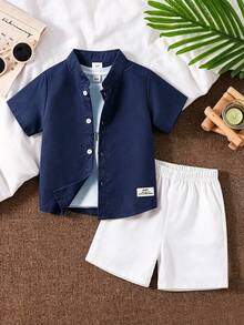 2pcs/Set Boys' Casual Solid Color Stamp Print Short Sleeve Button-Up Shirt + Shorts, Suitable For Summer Party, School, Photography And Outdoor Wear - Navy Blue - View 2