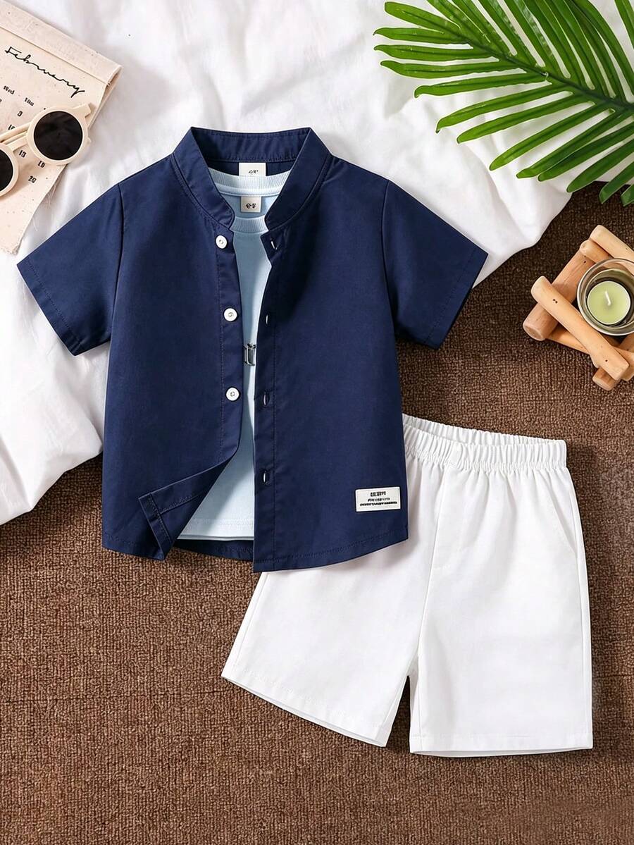 2pcs/Set Boys' Casual Solid Color Stamp Print Short Sleeve Button-Up Shirt + Shorts, Suitable For Summer Party, School, Photography And Outdoor Wear - Navy Blue - View 1