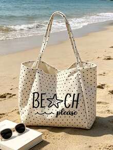 White Polka Dot Beach Tote Bag With "Beach Please" Lettering, Large Canvas Shoulder Bag, Beach Bag, Shopping Bag, Suitable For Shopping And Travel, Foldable Canvas Shoulder Tote Bag, Commuter Bag, Tablet Bag, Storage Bag, Summer Essential Travel Bag, Ideal For Beach Trips, Pool Days, Shopping And Daily Use, Perfect For Women, Travelers And Beach Lovers, Great For Spring Break, Easter, Mother's Day, Vacation And Gifts - Multicolor - View 5