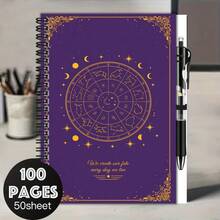 1 Set Mysterious Astrology Style 2D Cover Spiral Coil Notebook Set With Pen, 100 Pages Premium Inner Pages, Smooth Writing, Exquisite Cover With Constellation Elements And Inspirational Text, Suitable For Back To School, Daily Work Records, Journaling, Planning, Graduation Gift, Birthday Gift - F - View 7