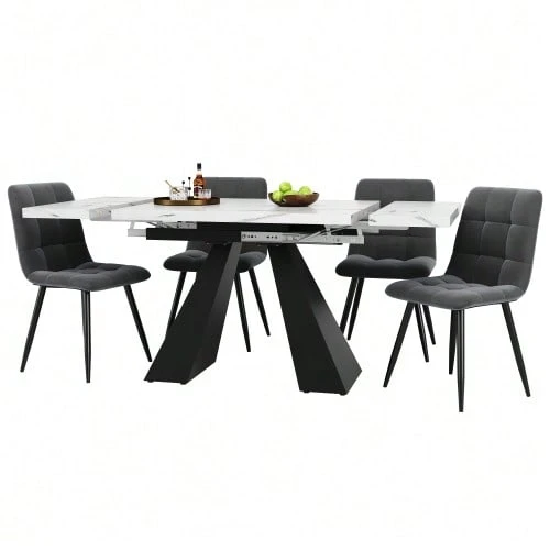 Dining Set (5 Pieces), Extendable Table And Chairs Set For 4 People, 160 * 80 * 75 Cm Table With 4 Chairs, Grey Velvet Chairs, Grey Table With Central Pedestal. - Black and White - View 1
