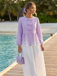 Rikumo Women's Sweet Bowknot Round Neck 3/4 Sleeve High Waist Embroidered Patchwork Blouse, Tops, Spring Tops, Summer Tops Vacation - Mauve Purple - View 2