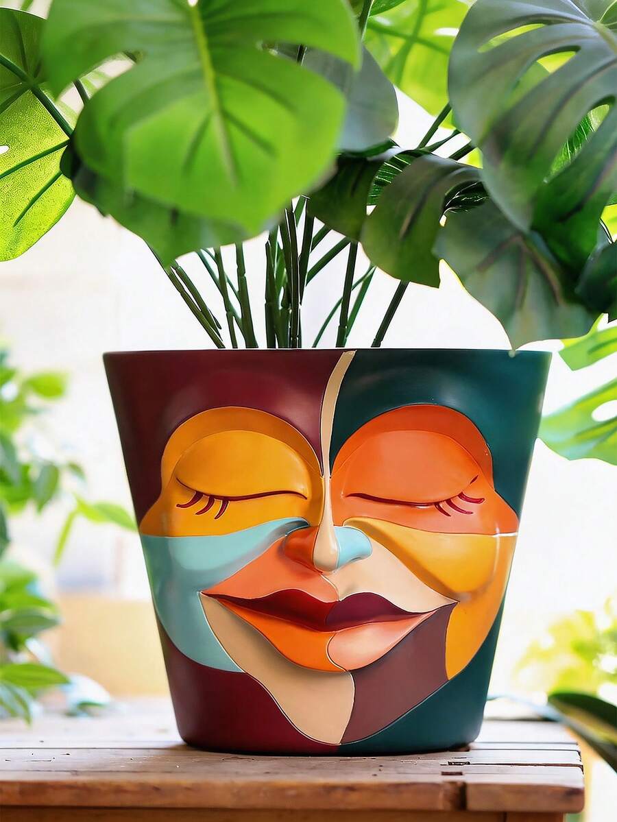 人臉造型花盆/盆栽,適用於室內外植物,樹脂材質,適合多肉植物,附排水孔,可愛女士臉型花盆 - A - 查看 1
