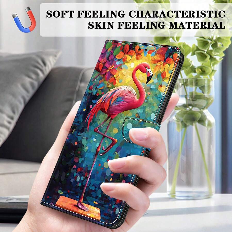 GLANDOTU Creative Colorful PU Leather Phone Wallet Protective Case Flamingo Pattern Double Fold Design With Card Slots And Card Pockets Compatible With Multiple Phone Brands And Models - Multicolor - View 1