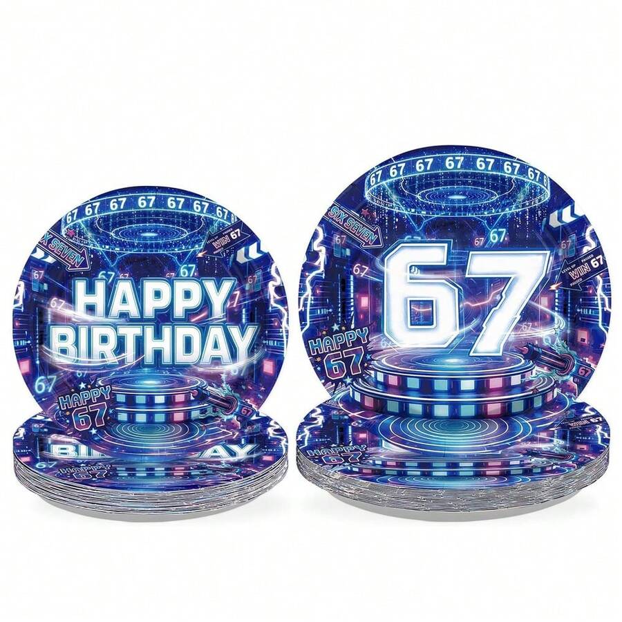 10/20/40pcs 6/7 Number Neon Cyberpunk Style Disposable Paper Plates, 6th/7th Birthday Party Decorations