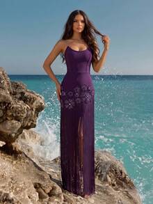 New Heavy Work Sexy Women's Pink 3D Floral Rhinestone Decor Off-Shoulder Backless Tassel Evening Gown, Wedding Party Banquet Dress - Dark Purple - View 1