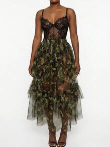Blazique European & American Style Fashion Patchwork Party Multi-Layer Mesh Camouflage Print Patchwork Streetwear Skirt Vacation Spring Casual - Army Green - View 2