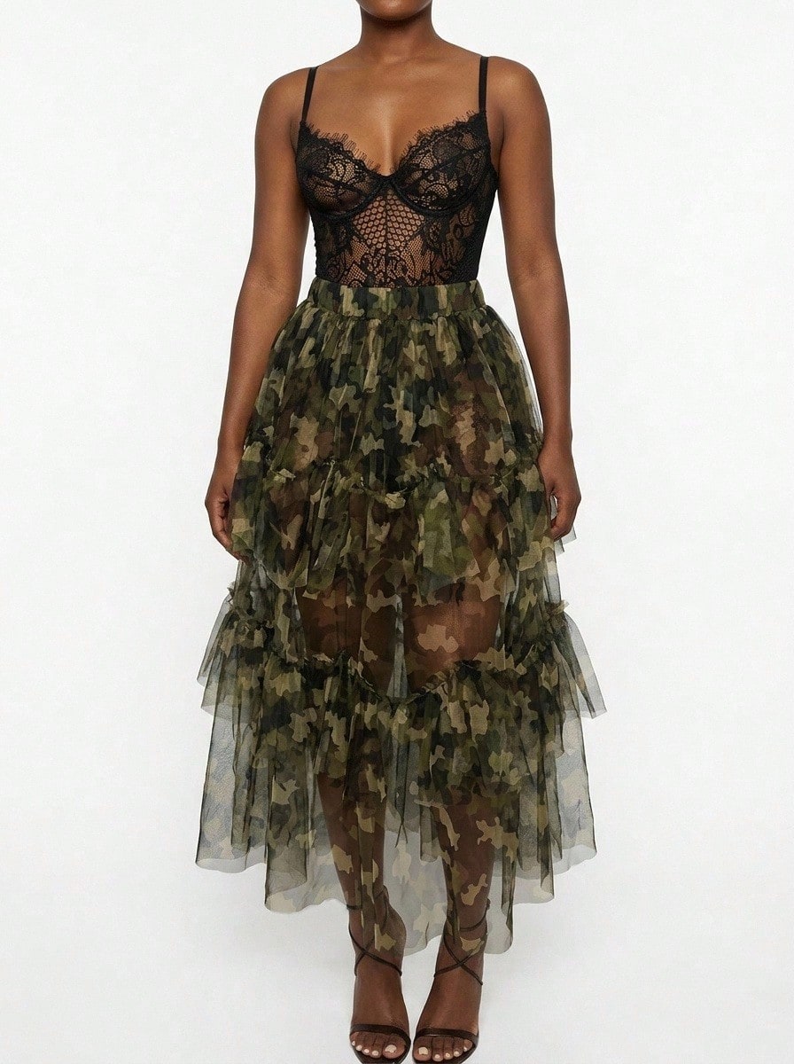 Blazique European & American Style Fashion Patchwork Party Multi-Layer Mesh Camouflage Print Patchwork Streetwear Skirt Vacation Spring Casual