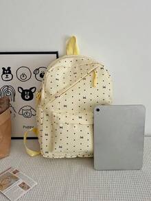 3-Piece Nylon Bow & Heart Print Backpack Set, Foldable Multi-Pocket Large Capacity Zipper Backpack, Suitable For Teens And High School Students - Yellow - View 3