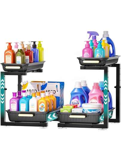 2 Pcs Adjustable Height Under Sink Storage, 2 Tier Sliding Kitchen Storage And Organisation Cupboard Organiser, Under Sink Shelf, Under Cabinet Organizer For Bathroom Kitchen, Black Father's Favorite Gift