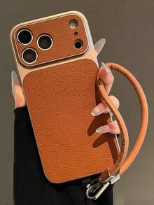 Fashion Lychee Leather Texture Large Window Phone Case Compatible With IPhone 17 Pro Max 17 Pro 16 Pro Max 15 14 Pro 13 12 Pro 17 Camera Protection Matte Soft Edge Shockproof Protective Cover With Portable Wrist Strap Lanyard - Khaki - View 3