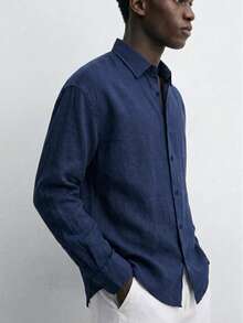 Camicia da uomo Monarch in lino - Maniche lunghe, abbottonatura frontale, vestibilità moderna e comoda - Blu - Visualizzare 3