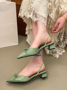 女款時尚尖頭大尺碼蝴蝶結兩穿式春/秋季舒適露跟高跟尖頭鞋 - 綠色 - 查看 2