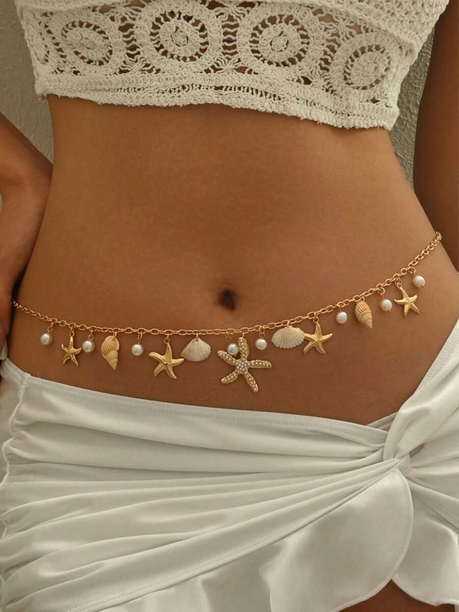 1件夏季海灘度假風海星貝殼仿珍珠吊墜腰部飾品 女款 時尚百搭配件 適合日常穿搭、夏季海灘派對與音樂節 - 彩色 - 查看 1