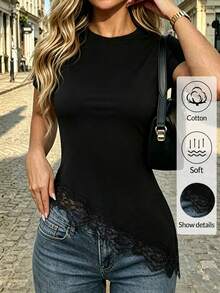 Camiseta casual de mujer de unicolor con ribete de encaje asimétrico y patchwork, elegante top para vacaciones, playa, días festivos y uso diario, color negro, nueva primavera/verano - Negro - Ver 1