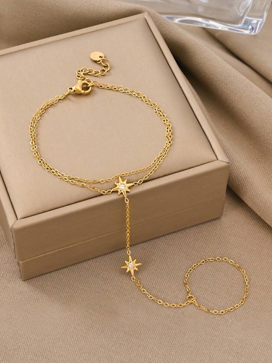 18K Gold Plated Stainless Steel Minimalist Finger Chain, Elegant Mother's Gift, Suitable For Daily, Party, Formal Occasions, Adjustable Finger Jewelry For Women, Suitable For Dating, Vacation, Anniversary, Birthday Gift, Women's Fashion Accessory - Gold - View 1