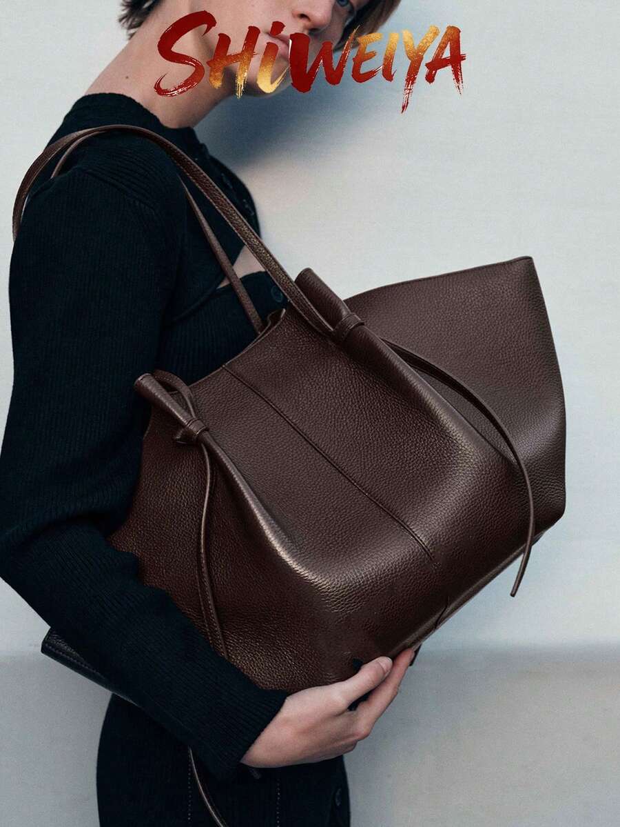 1 buah Tas Bahu Wanita Kulit PU, Tas Jinjing Kapasitas Besar, Desain Sayap - Kopi - View 1