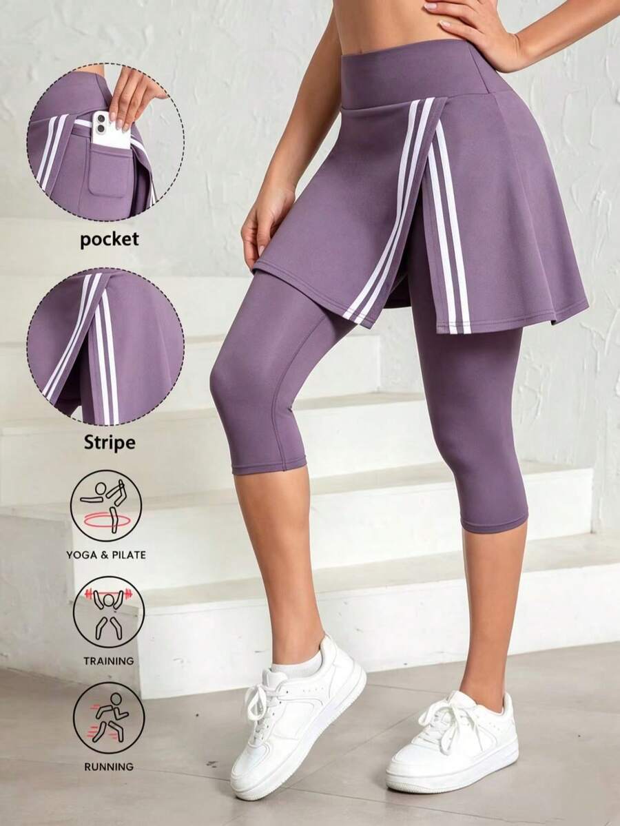 Women's Fashion Side Stripe Split Skirt Leggings, All Season Wear, Women's Tennis Skirt Leggings With Pockets, 7/8 Length Yoga Leggings With Skirt Hem, Suitable For Sports And Casual Wear - Mauve Purple - View 1