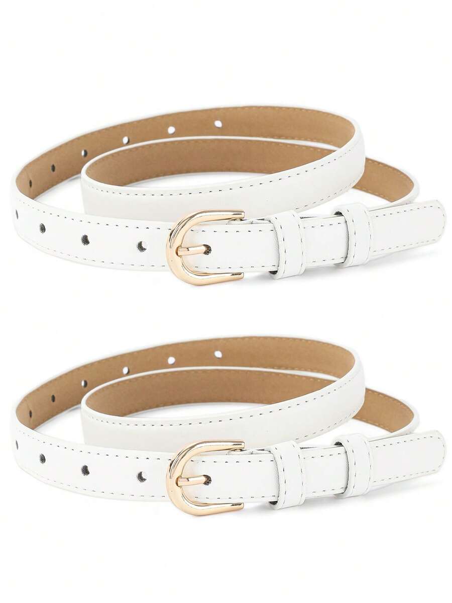 2pcs/Set Camel Color Fashion Versatile Minimalist Korean Style Buckle Belts - White+White - View 1