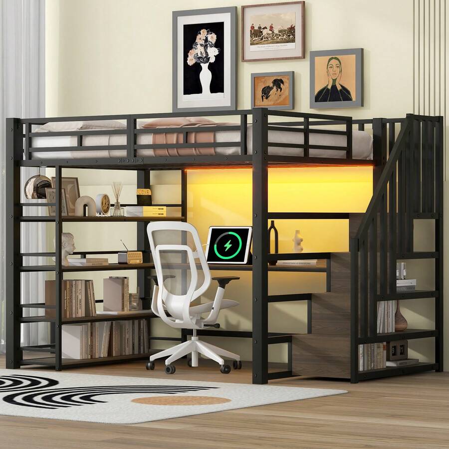 Letto a soppalco in metallo Flieks 140x200 con scaletta, scrivania integrata, vani portaoggetti, stazione di ricarica USB e luce LED, nero. - nero - Visualizzare 1