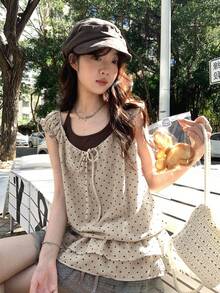 夏季圓點露肩雙穿 2 合 1 荷葉邊收腰上衣 - 杏色 - 查看 1