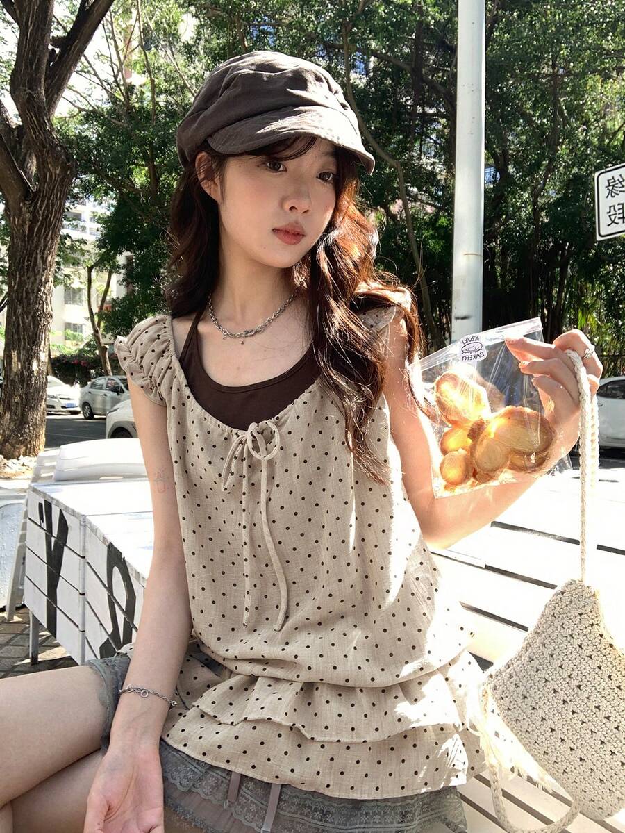 夏季圓點露肩雙穿 2 合 1 荷葉邊收腰上衣 - 杏色 - 查看 1