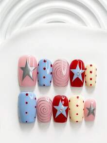 10Pcs Retro Style Handmade Press On Nail,Polygel Nail Set,Polka Dot And Star Designs,Blue,Red And Yellow Nail Polish,Vibrant Style,Includes Nail Tools,3 Sizes Available,Square,Short Square,Almond,Nails For Party,Dance,Daily Wear. - 彩色 - 查看 20