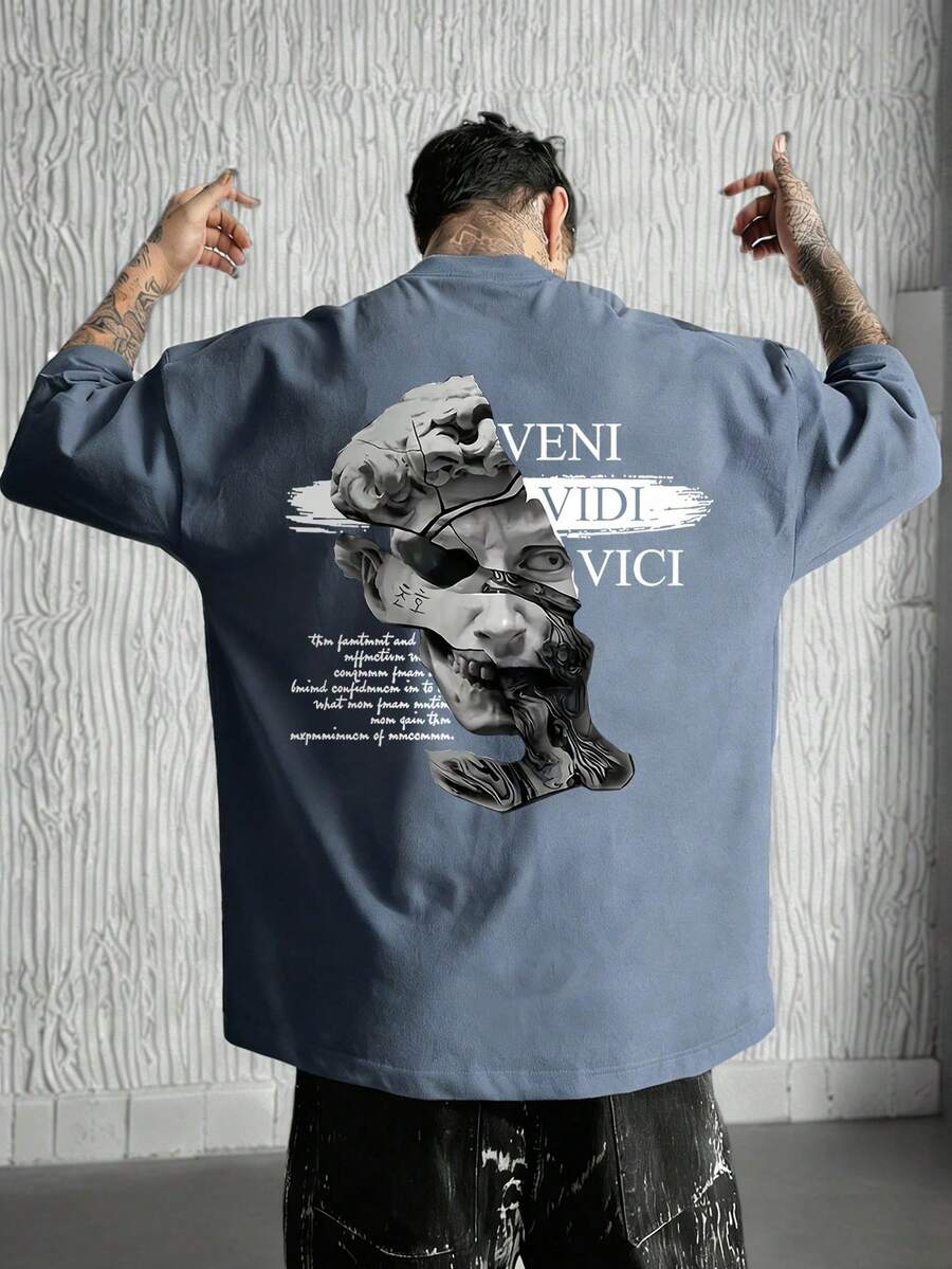 Men's Short Sleeve Crew Neck T-Shirt With Abstract Sculpture Portrait Print, Summer - Grey - View 1