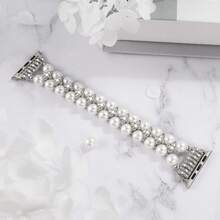 Pulsera de joyería con cuentas - Pulsera de perlas y diamantes de doble hilera + circonita cúbica de doble hilera compatible con Apple Watch 38 mm 40 mm 41 mm 42 mm 44 mm 45 mm 46 mm 49 mm S10/11-42 mm - Correa elástica para mujer - Diseño sencillo, elegante, moderno y brillante de perlas y diamantes - Cuerda cómoda, ligera y duradera - Se adapta a muñecas de 14 a 16 cm de circunferencia - Accesorio de correa de repuesto - 45mm - Ver 2