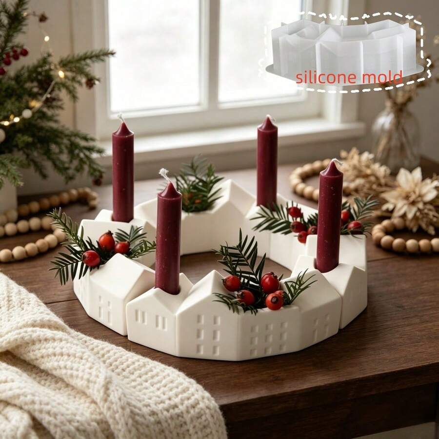 1 قطعة قالب سيليكون DIY بتصميم منزل عيد الميلاد النوردي على شكل صف نصف القمر لحامل الشموع، قالب وعاء الشموع، مناسب لصنع ديكورات وزينة أجواء عيد الميلاد، مناسب للأعمال اليدوية، قابل لإعادة الاستخدام - A - مشاهدة 1
