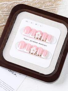 10pcs Short Square Press-On Nails, Pink Nude White French Ombre Leopard Print With 3D White Flower And Gold Stud Decor, Reusable Full Coverage Fake Nails, Suitable For Women Girls Daily Date Party Wedding Manicure Handmade Press On Nails - Multicolor - View 6