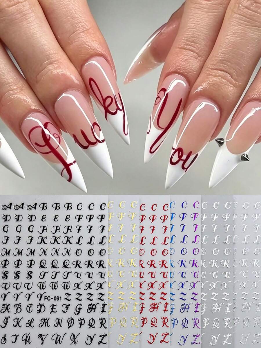 Pegatinas de uñas autoadhesivas multicolor estilo gótico con letras cursivas, calcomanías de alfabeto de caligrafía fina, perfectas para arte de uñas grunge, punk, Y2K y vanguardista, fáciles de aplicar para manicura DIY en casa y salón profesional - Multicolor - Ver 1