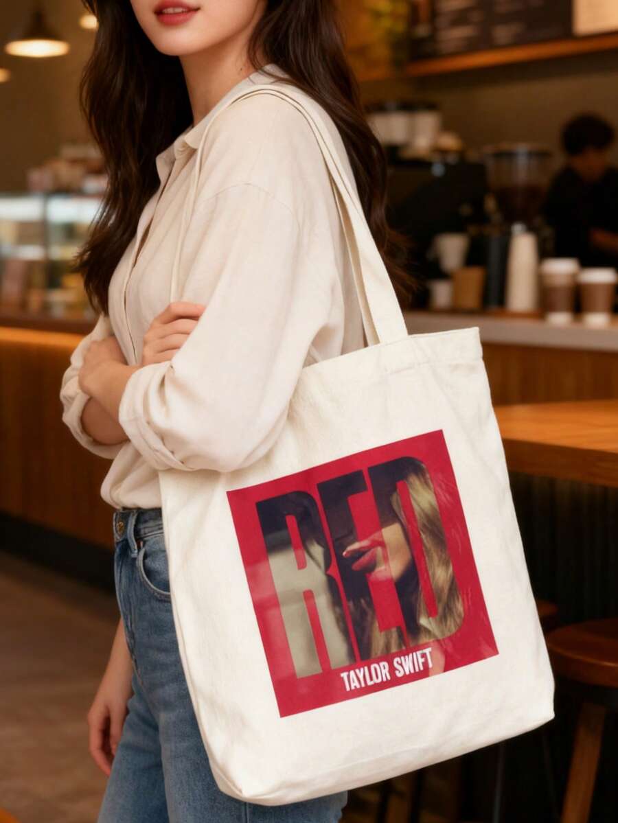 Bolso Tote RED Album, marco cuadrado rojo con impresión de retrato grande "RED" superpuesta y texto en la parte inferior, bolso de hombro reutilizable con doble asa para fan Swiftie, uso diario, escuela y concierto - Multicolor - Ver 1
