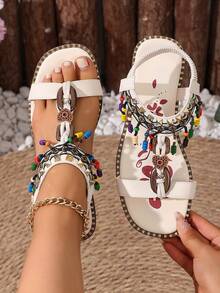 Women's White Bohemian Style Colorful Beaded Thong Sandals With Back Strap, Flat Vacation Beach Shoes - White - View 4