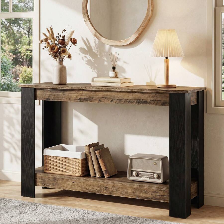 FINMIND 41" Industrial Console Table , 2-Tier Narrow Sofa Table Behind Couch With Black Frame, Modern Farmhouse Entryway Table For Hallway Living Room - Brown and Black - View 1