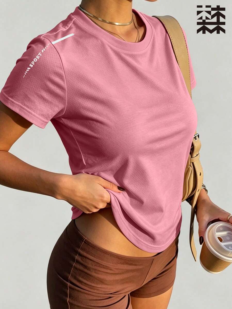 mulinsen 女款快乾網眼運動短袖上衣,極簡 SPORT 字母印花圓領修身健身 T-shirt - 粉色 - 查看 1