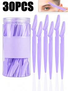 Juego de 30 piezas de rasuradoras de cejas moradas, recortadora y rasuradora de cejas, herramienta exfoliante para la piel, recortadora para depilación corporal y juego de rasuradora facial y de cejas, cuchillas de mango largo con cubierta protectora de precisión, herramientas de cuidado de cejas para mujeres, adecuado para uso diario o de viaje - Púrpura - Ver 9